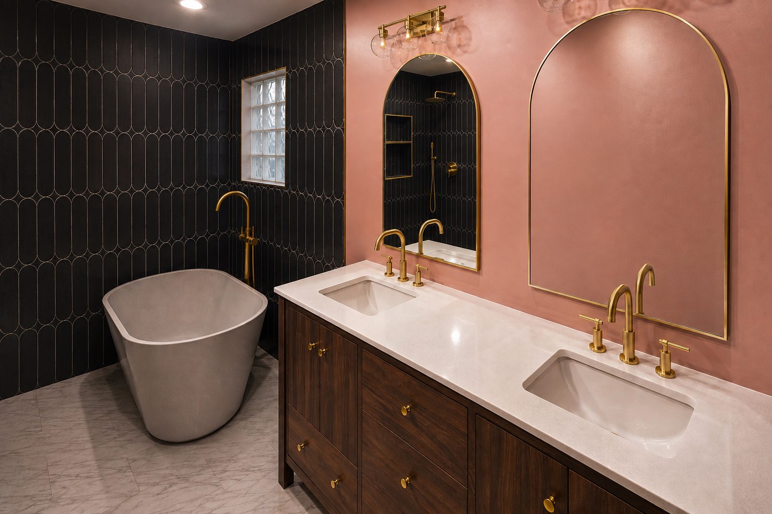 Custom remodeled bathroom with black tile and brass fixtures
