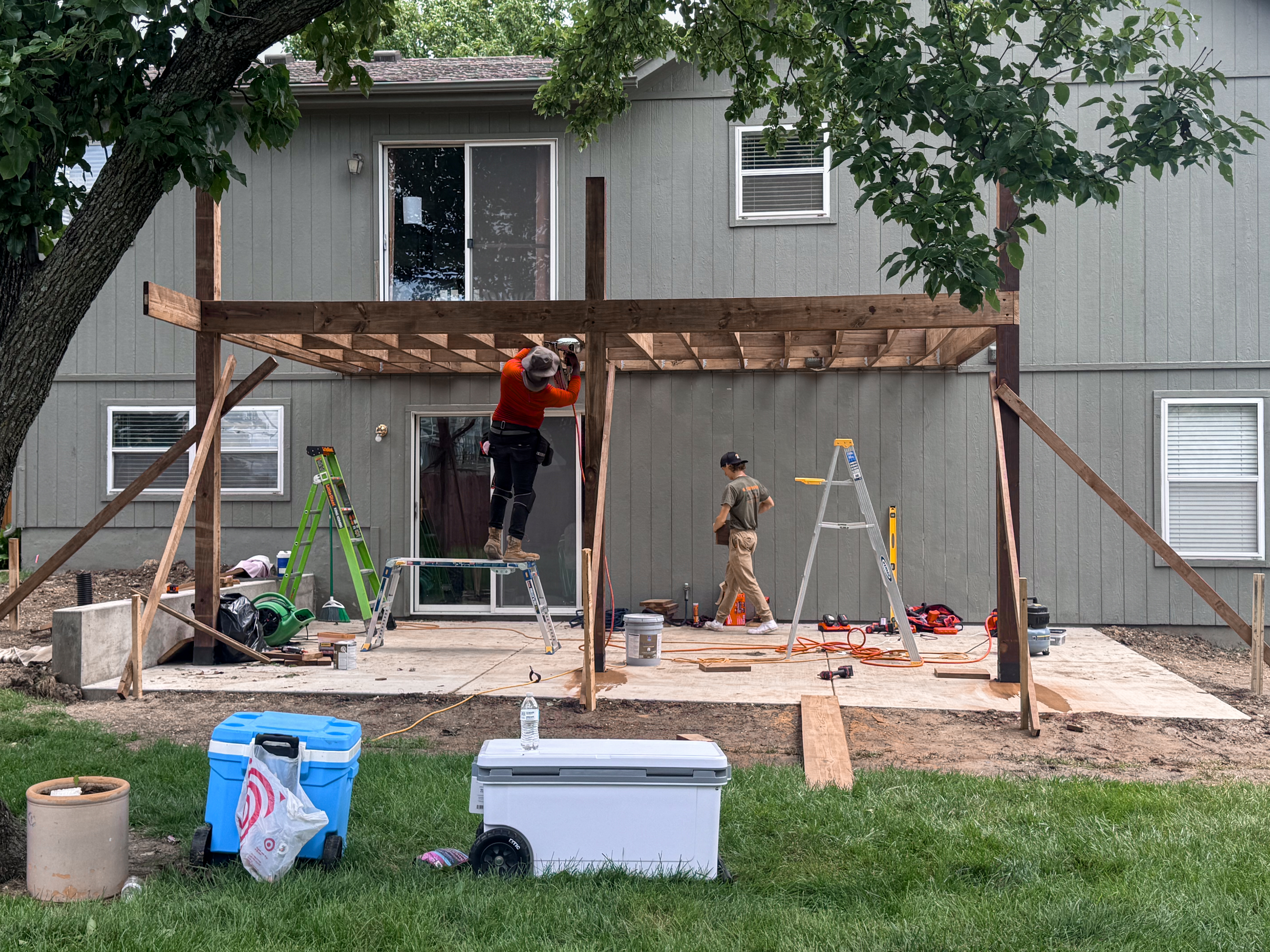 Deck framing under construction