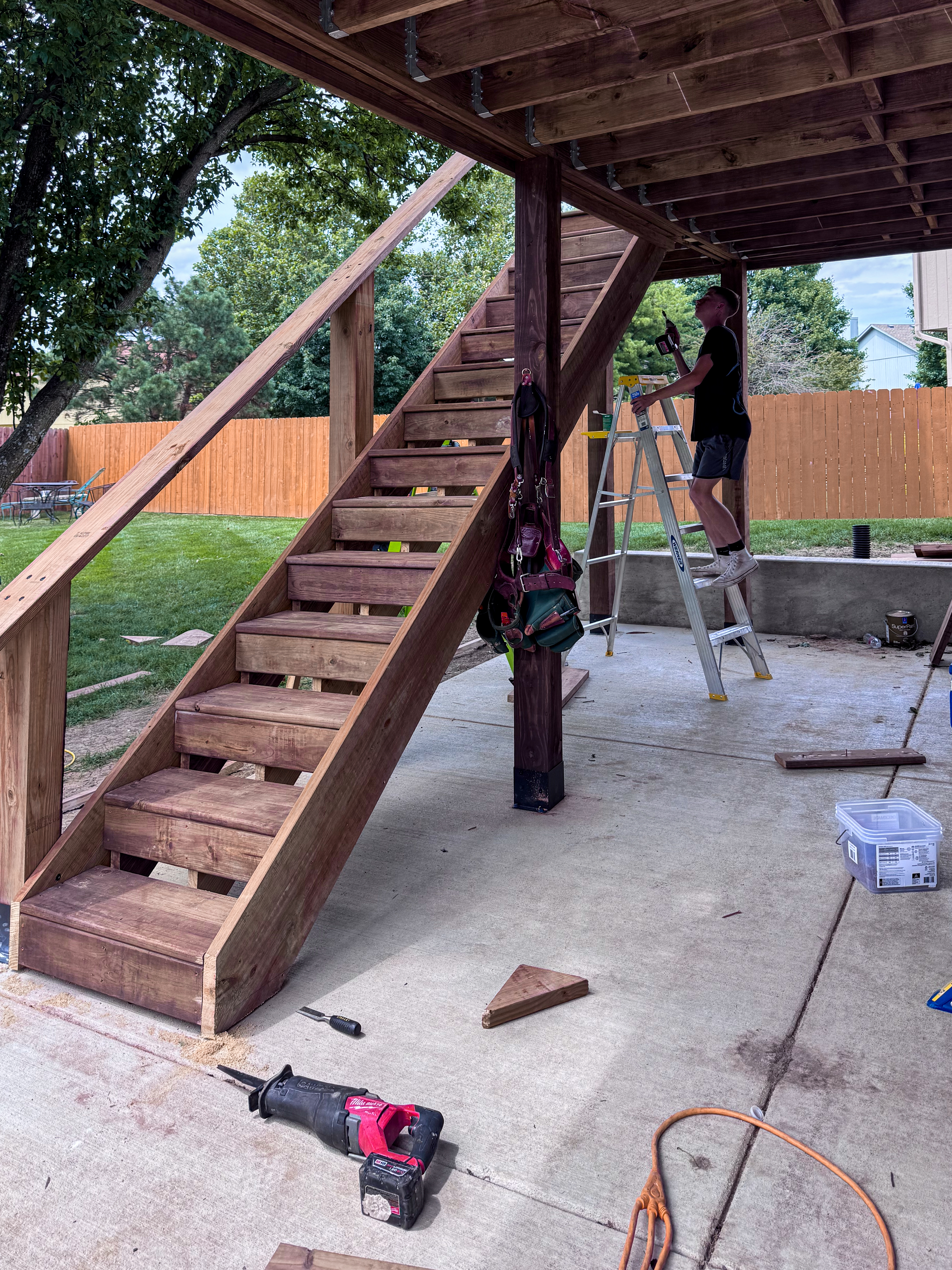 Deck stair framing under construction