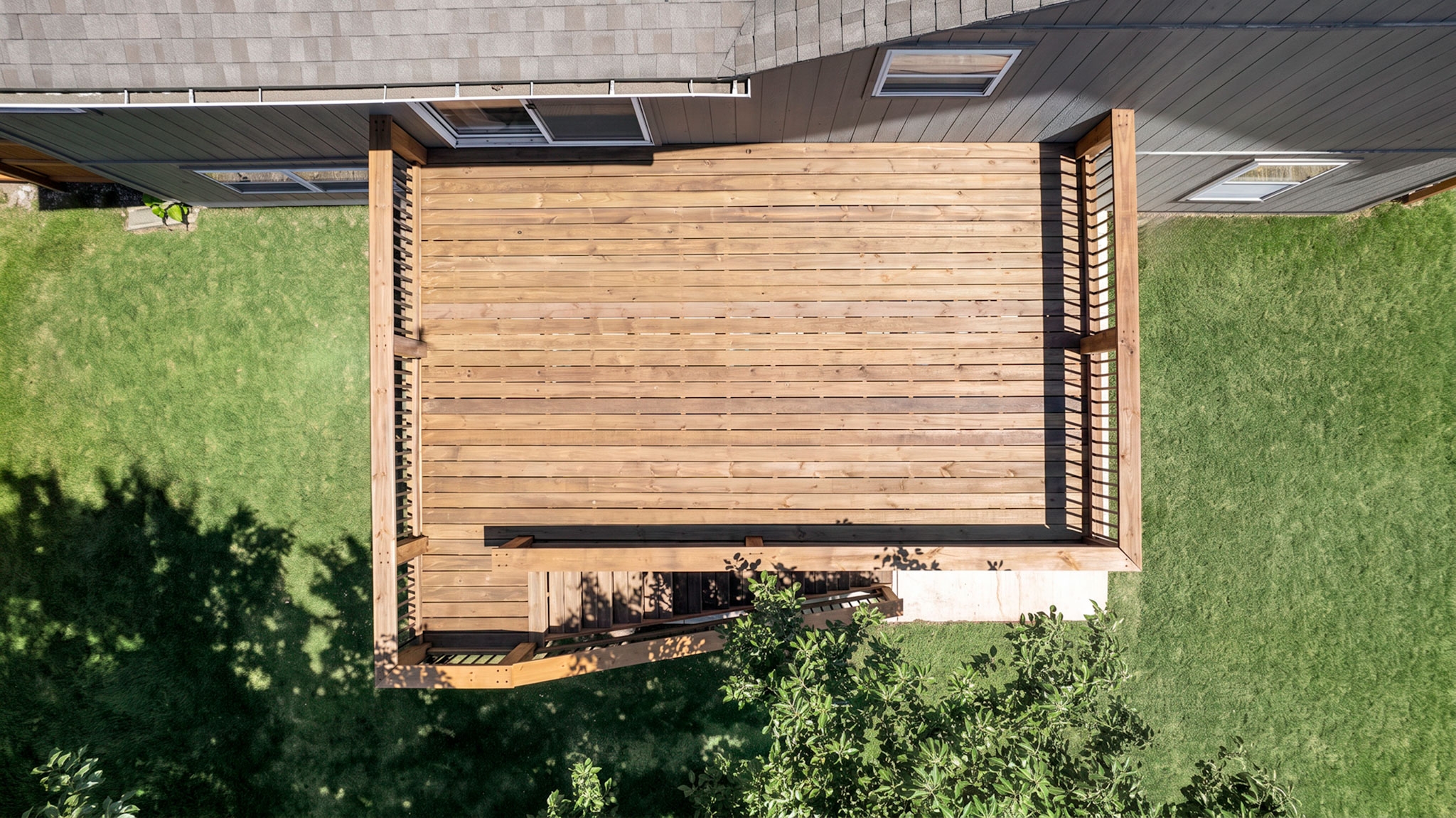 Aerial view of the finished deck showing the decking layout