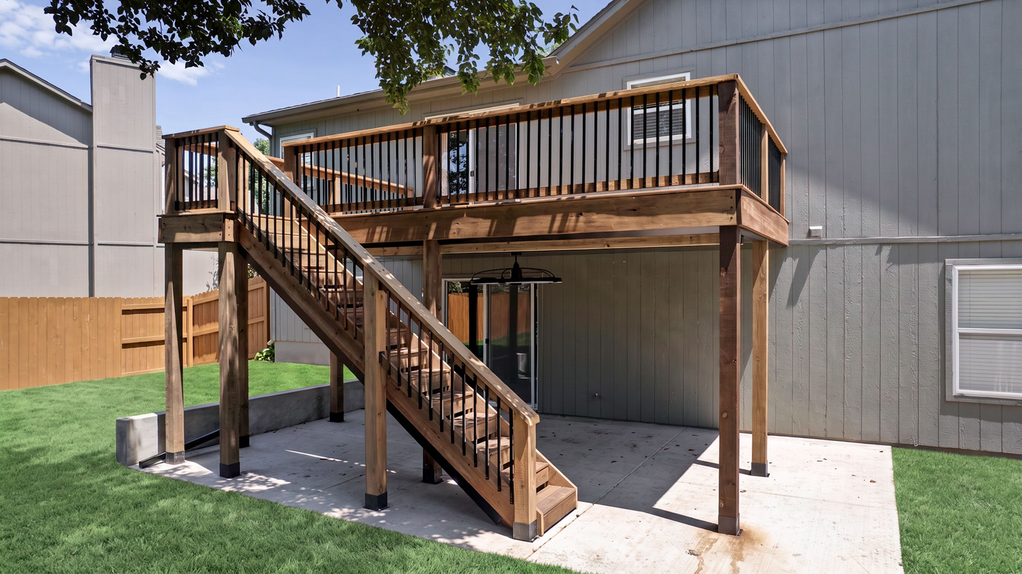 Finished two-level deck and staircase, alternate angle